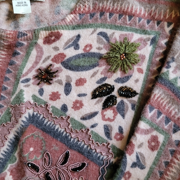 Vintage pink boho paisley print beaded embroidered mohair sweater - Picture 3 of 5